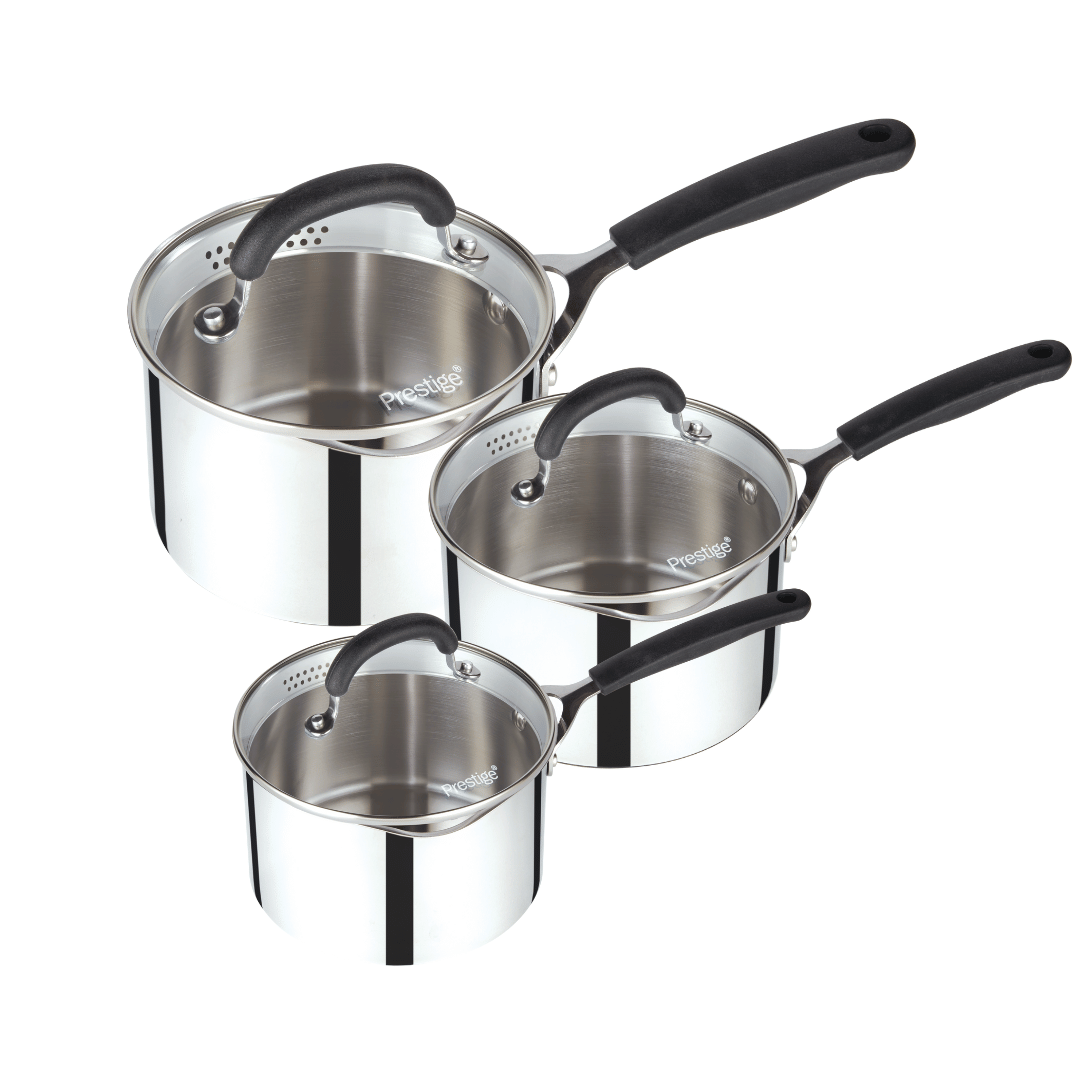 Prestige Made to Last 3-Piece Stainless Steel Straining Saucepan Set (16cm, 18cm & 20cm)
