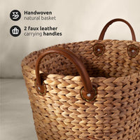 XXL Water Hyacinth Basket with Faux Leather Handles