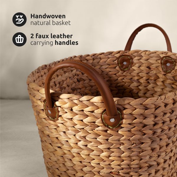 XXL Water Hyacinth Basket with Faux Leather Handles